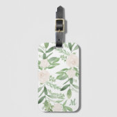 Elegant White en Green Floral Monogram Bagagelabel (Voorkant (verticaal))