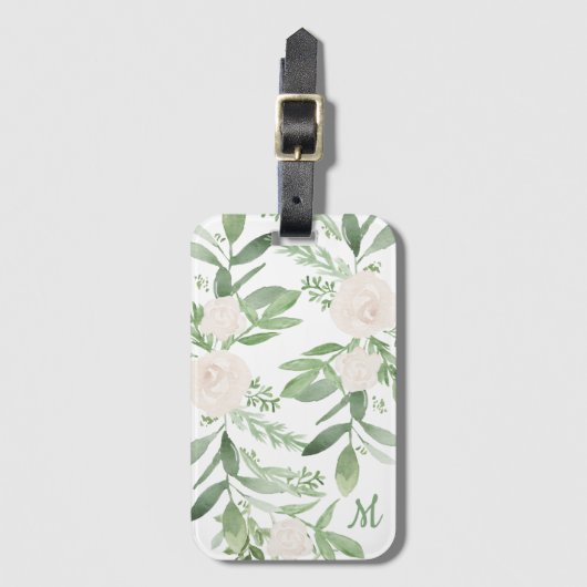 Elegant White en Green Floral Monogram Bagagelabel (Voorkant (verticaal))