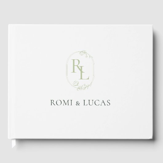 Elegant White en Green Monogram Weddenschap Gastenboek (Voorkant)