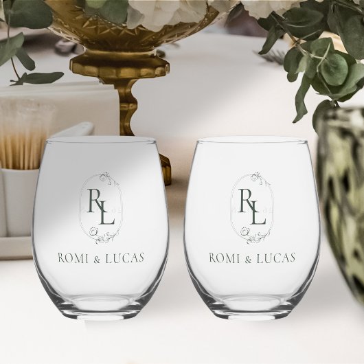 Elegant White en Green Monogram Weddenschap Wijnglas Zonder Voet