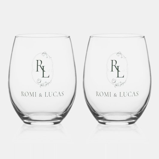 Elegant White en Green Monogram Weddenschap Wijnglas Zonder Voet (Voorkant)