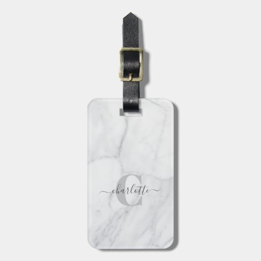 Elegant White en Grey Marble Monogram Name Bagagelabel (Voorkant verticaal)