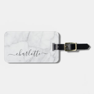 Elegant White en Grey Marble Script Aangepast Bagagelabel