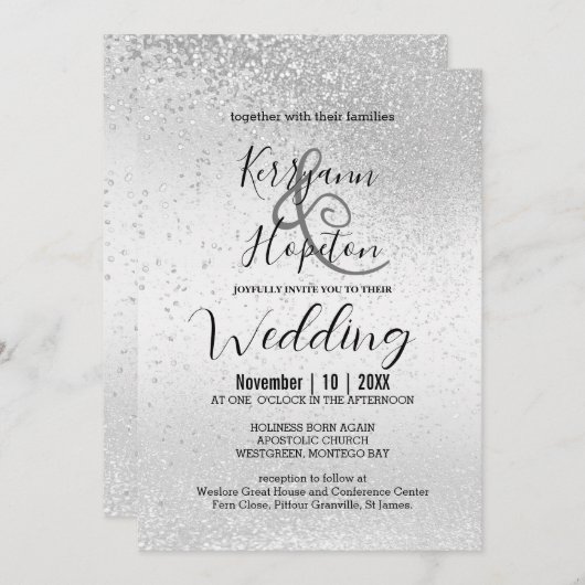 Elegant White en Silver Glitter Invitation Kaart (Voorkant / Achterkant)