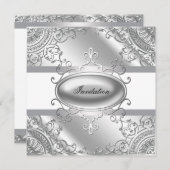 Elegant White en Silver Party Invitation Sjabloon Kaart (Voorkant / Achterkant)