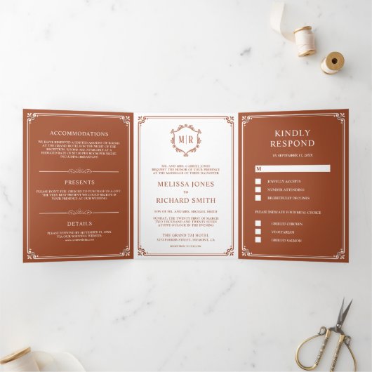 Elegant White en Terracotta Monogram Wedding Drieluik Uitnodiging (Binnen)
