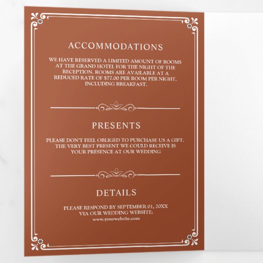 Elegant White en Terracotta Monogram Wedding Drieluik Uitnodiging (Binnenzijde eerst)