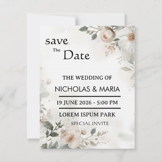 Elegant White Flora Watercolor Wedding Invitation (Devant)