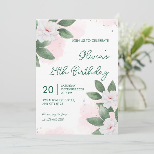 Elegant White Floral 24th Birthday Invitation Kaart (Staand voorkant)