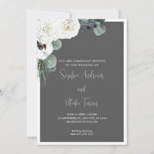 Elegant White Floral and Greenery Gray Wedding Kaart