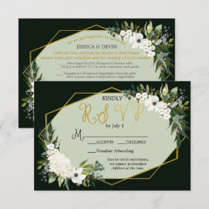Elegant White Floral Black & Gold Geometric  RSVP Kaartje