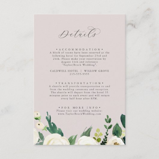 Elegant White Floral | Blush Mauve Weddenschap Det Informatiekaartje (Voorkant)