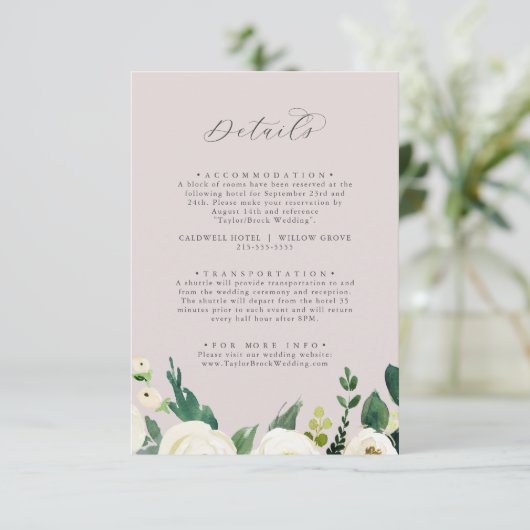 Elegant White Floral | Blush Mauve Weddenschap Det Informatiekaartje (Staand voorkant)