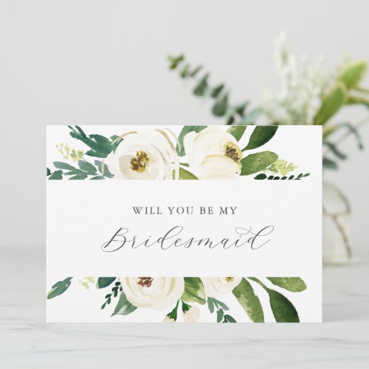 Elegant White Floral Bridesmaid Proposal Card Kaart (Staand voorkant)
