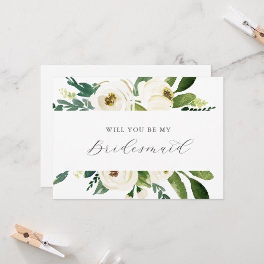 Elegant White Floral Bridesmaid Proposal Card Kaart (Voorkant / Achterkant in situ)