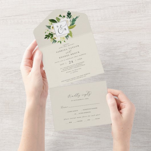 Elegant White Floral | Champagne Monogram Weddensc All In One Uitnodiging (Afscheurbaar)