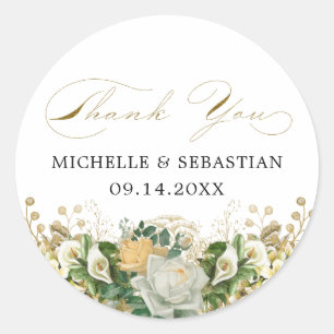 Elegant White Floral Chic Gold Hartelijk dank Ronde Sticker