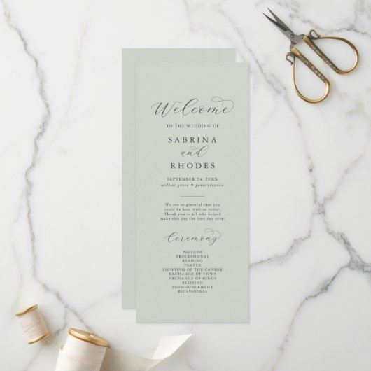 Elegant White Floral Coordinate Sage Mint Wedding Programma (Voorkant / Achterkant in situ)