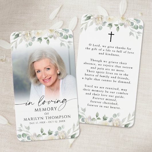 Elegant White Floral Cross Photo Prayer Card