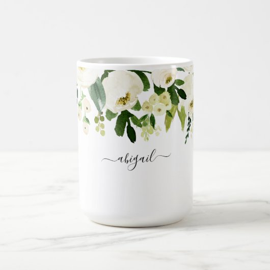 Elegant White Floral Custom Name Koffiemok (Center)