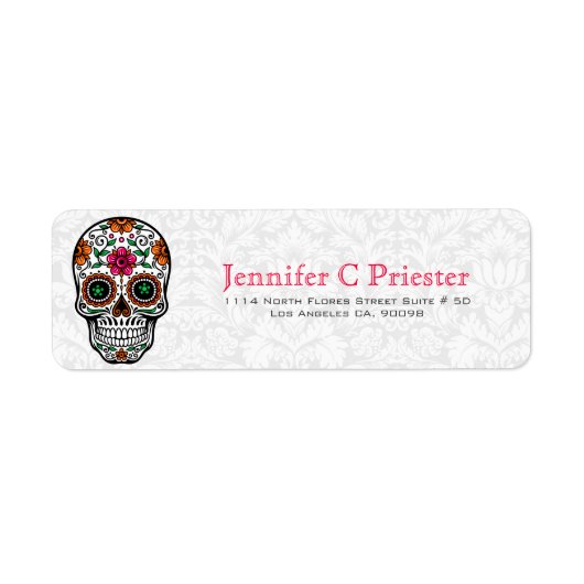 Elegant White Floral Damascus Retro Skull Etiket (Voorkant)