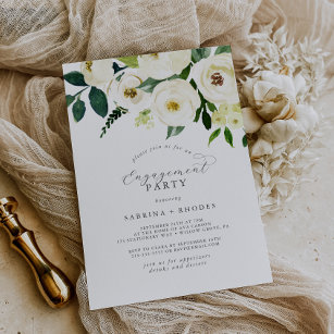 Elegant White Floral Engagement Party Kaart