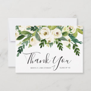 Elegant White Floral Girl Non Photo Afstuderen Bedankkaart