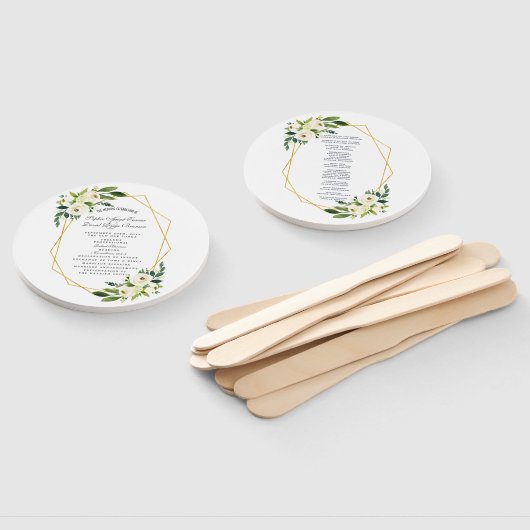 Elegant White Floral Gold Lijst Wedding Programme Handwaaier (Niet-gemonteerd)