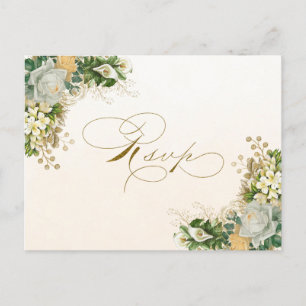 Elegant White Floral Gold Wedding RSVP Briefkaart