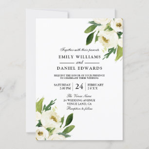 Elegant White Floral Green Leaf Wedding Invitation Kaart