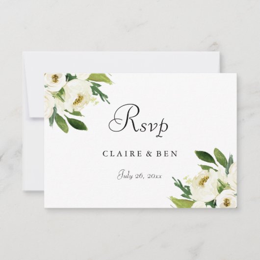 Elegant White Floral Green Leaf Wedding RSVP (Voorkant)