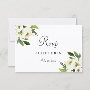 Elegant White Floral Green Leaf Wedding RSVP Kaartje