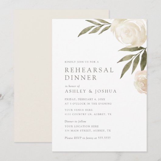 Elegant White Floral Greenery Rehearsal Dinner Inv Kaart (Voorkant / Achterkant)