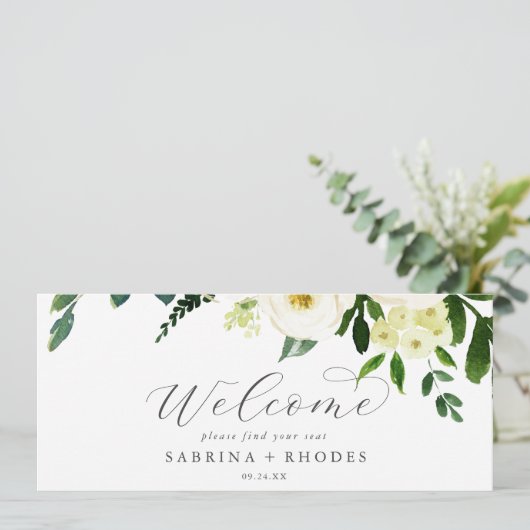 Elegant White Floral Hanging Seating Chart Header (Staand voorkant)