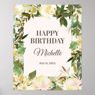 Elegant White Floral Leaves Happy Birthday Party Poster