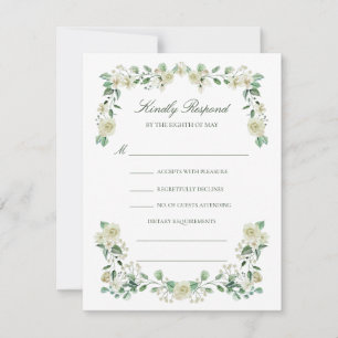 Elegant White Floral Meal Choice Wedding RSVP Kaartje