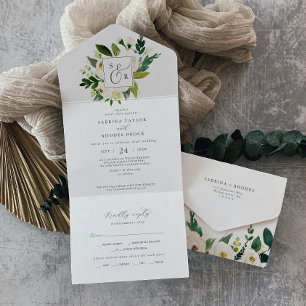 Elegant White Floral Monogram Wedding All In One Uitnodiging