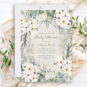 Elegant White Floral Sage Green Leaves Baby shower Kaart