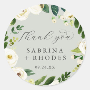 Elegant White Floral Sage Mint Hartelijk dank Ronde Sticker