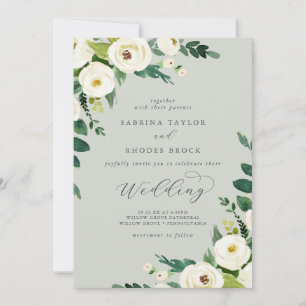 Elegant White Floral Sage Mint Wedding Kaart