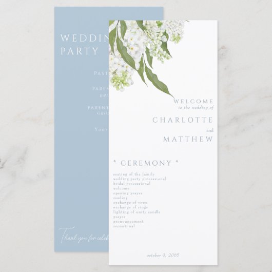 Élégant White Floral Sky Blue Wedding Programme (Devant / Derrière)