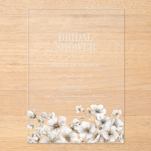 Elegant White Floral Vrijgezellenfeest Acryl Uitnodigingen (Voorkant)