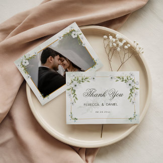 Elegant White Floral Wedding Photo Thank You Card Bedankkaart