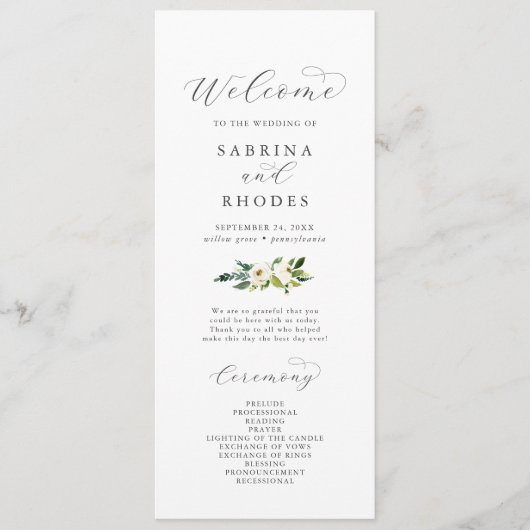 Elegant White Floral Wedding Programme Programma (Voorkant)