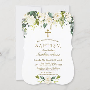 Elegant White Flowers Gold Cross Baptisme Kaart