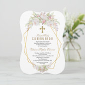 Elegant White Flowers Gold First Heilige Communie Kaart (Staand voorkant)