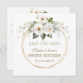 Elegant White Flowers Gold Sweet Sixteen Save The Date (Voorkant / Achterkant)