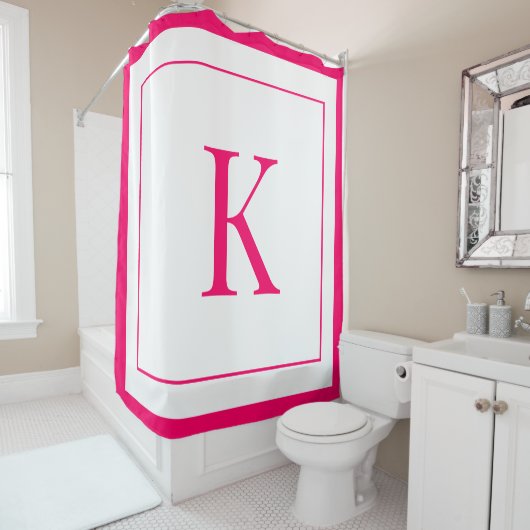 Elegant White & Fuchsia  Initial Monogram  Douchegordijn (In situ)