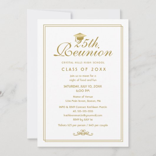 Elégant White Gold 25e Classe Reunion Invitation (Devant)