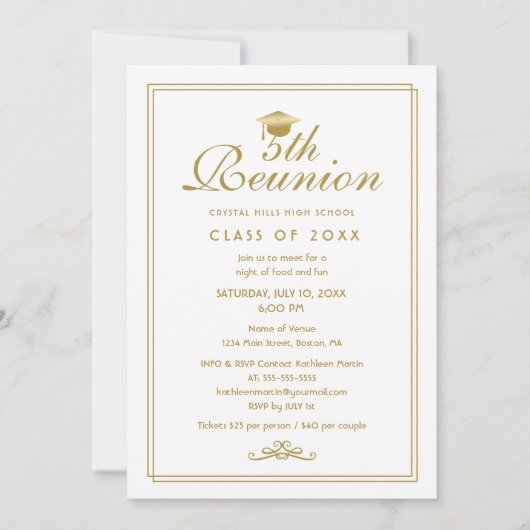 Elégant White Gold 5e Classe Reunion Invitation (Devant)